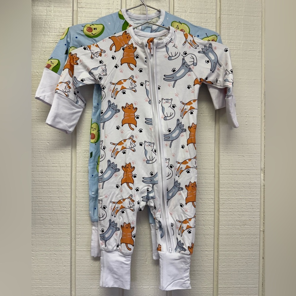 Bamboo Sleepers zip zippier set of 2 SnuggleBug Baby Onesie Avacado, cat prints